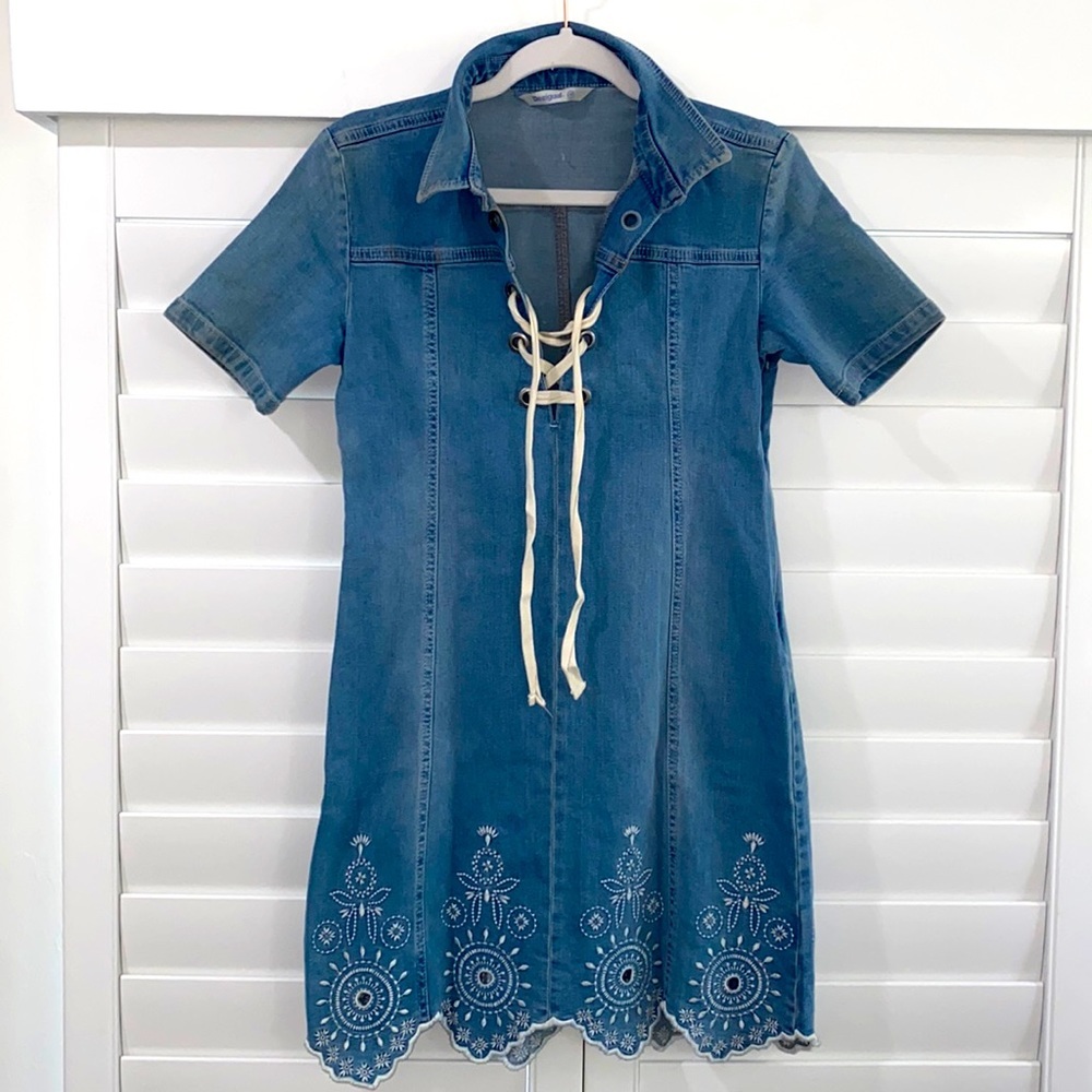 Desigual lace up Denim embroidered mini dress